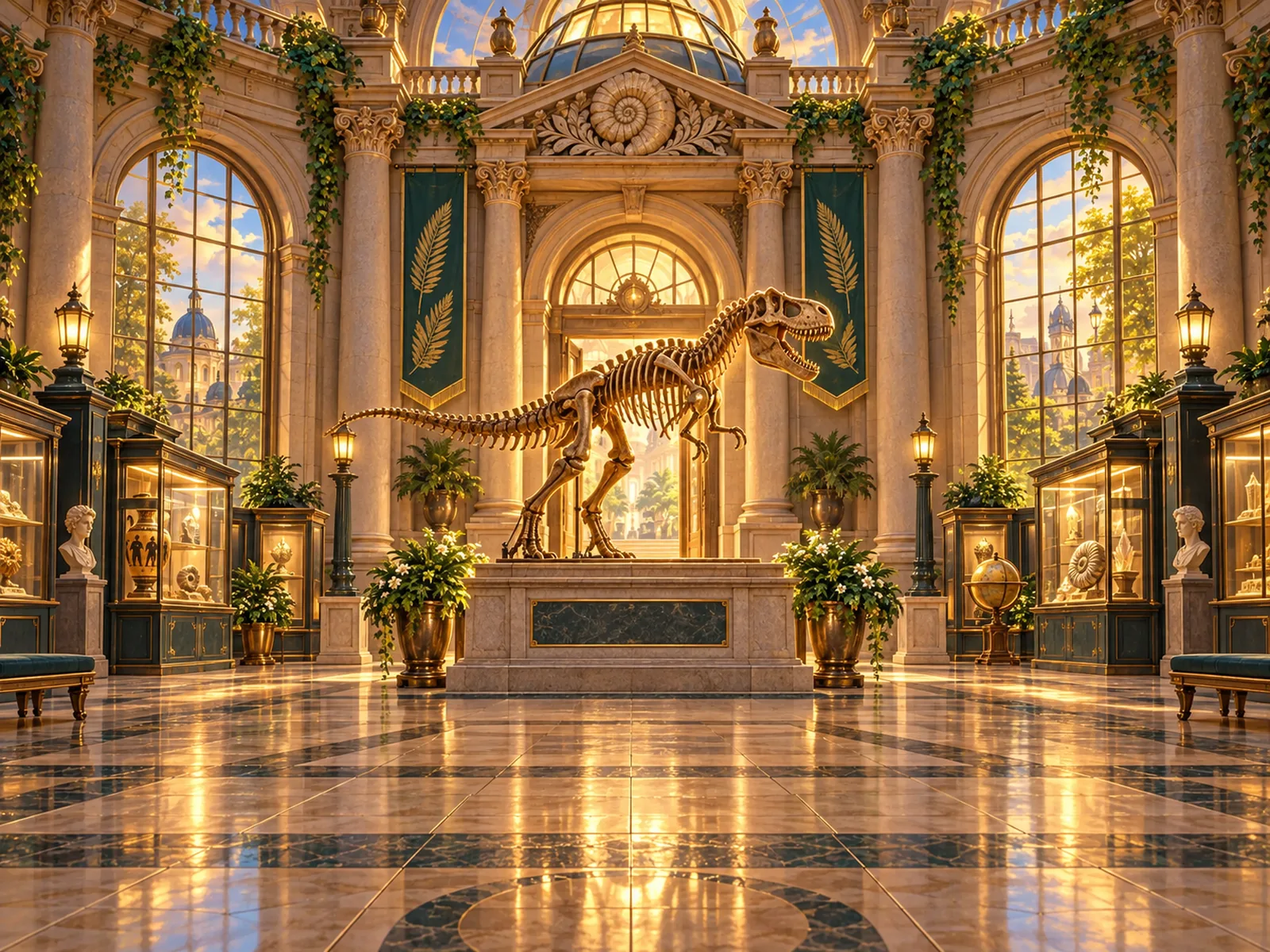 De entreehal na de restauratie: banieren, verlichte vitrines en een dinosaurusskelet op de sokkel